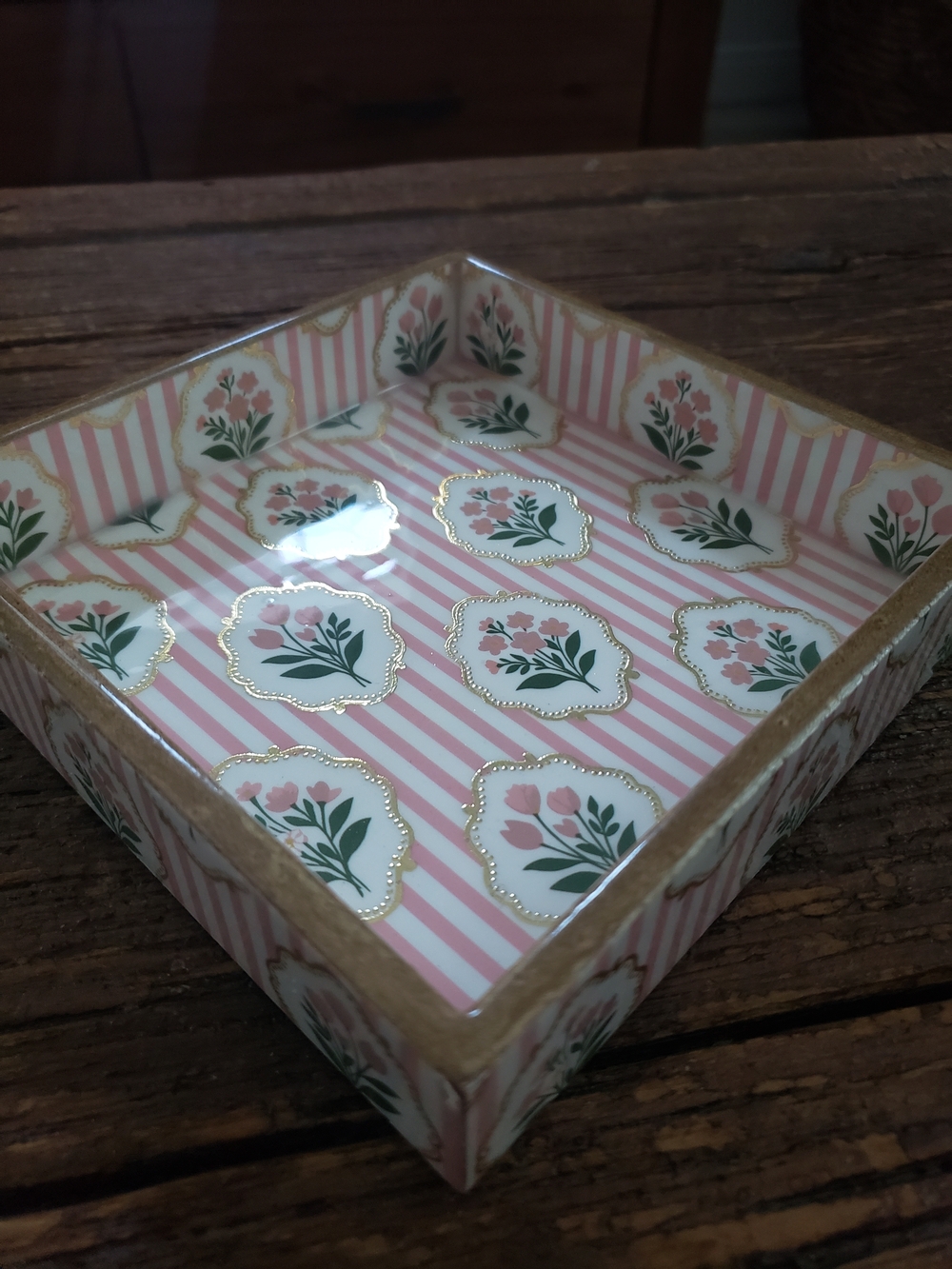 Floral Pink Striped Decorative Tray